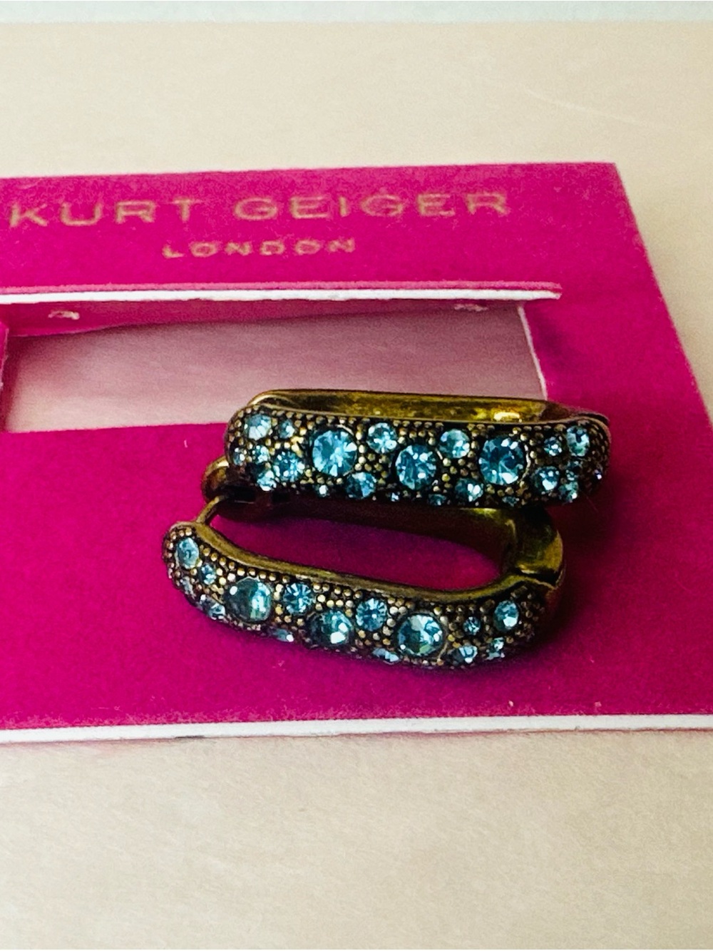 NWT Kurt Geiger Antique Gold Hoop Earrings with Turquoise Crystals - Picture 7 of 8
